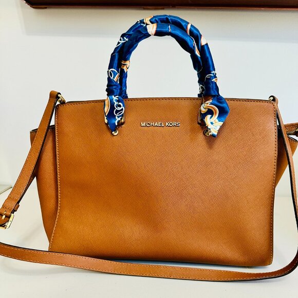 EUC MICHAEL KORS TWO-WAY SELMA CAMEL SAFFIANO LEATHER SATCHEL CROSSBODY BAG - Picture 3 of 16